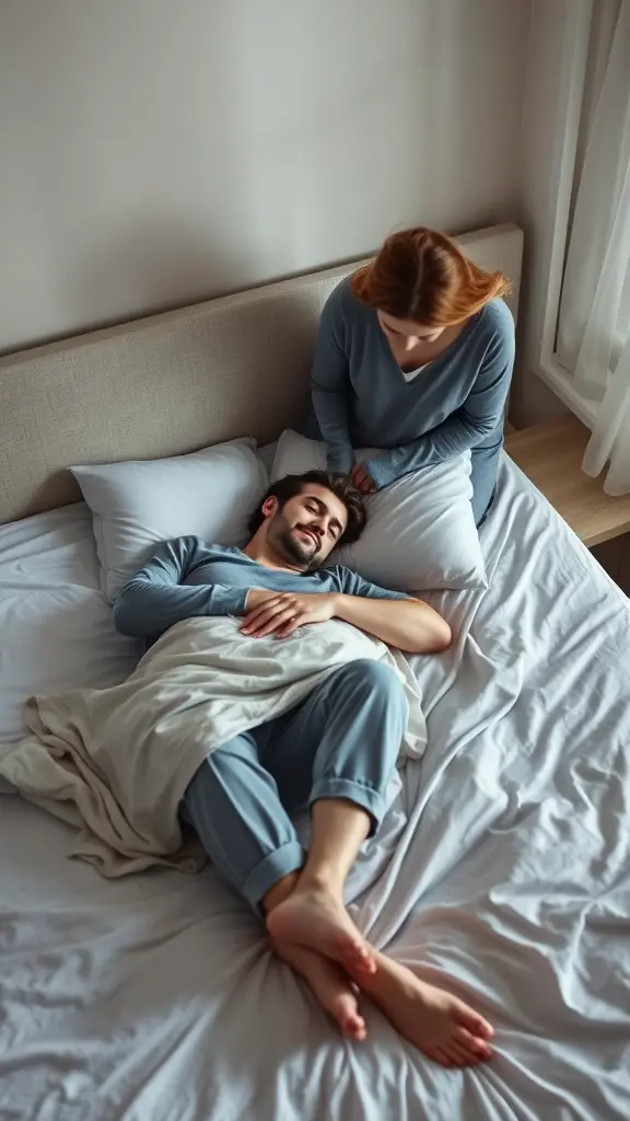شخص مستلقي علي سرير وزوجته تقف بجانب السرير لتوقظه وهو في نوم عميق