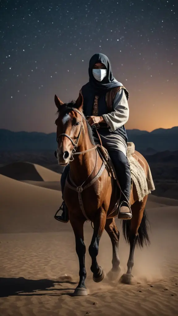 رجل ملثم يركب الخيل ويرتدي ملابس قديمة من العصر القديم في الصحراء وخلفية ليلية