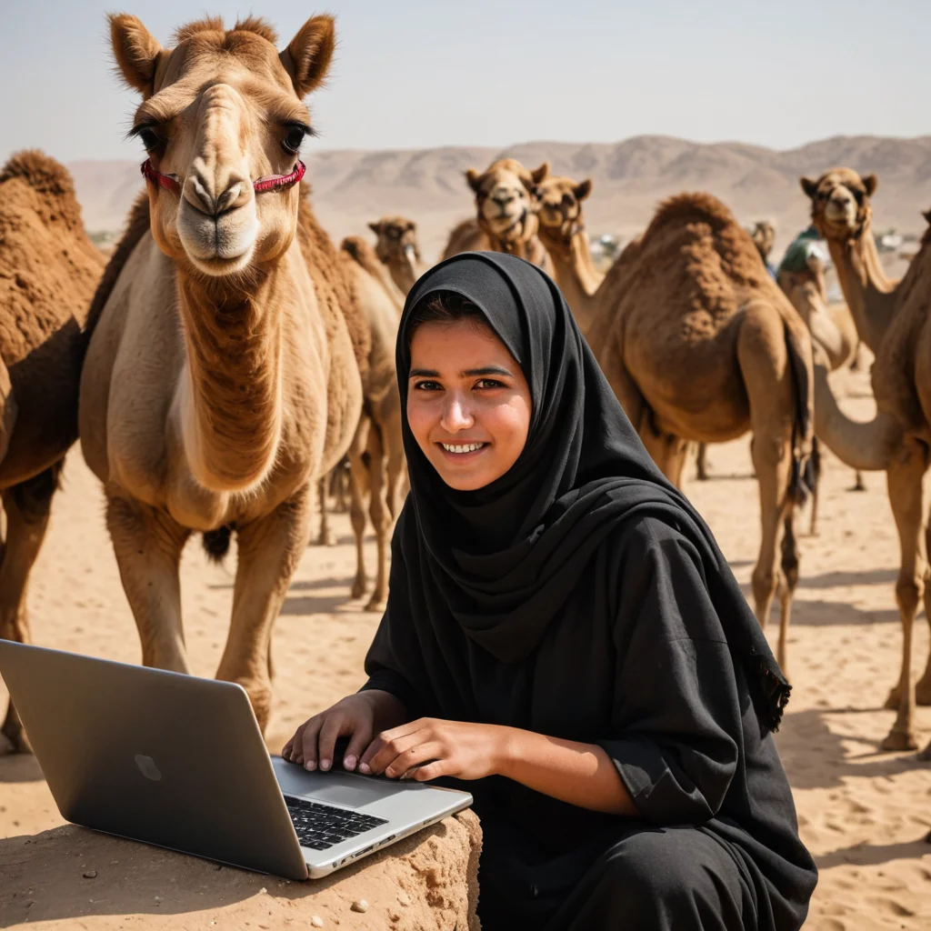 صورة بنت  بدوية ترعي الابل ومعه لابتوب تنظر لعيوني 