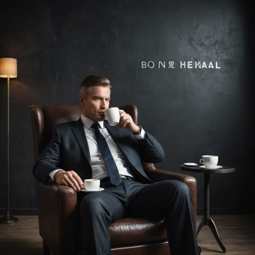 رجل اعمال يجلس علي كرسي جلد ويحتسي القهوه في فنجان والاجواء معتمه قليلا ويوجد خلفه كلمه مكتوبه علي الحائط وهي bon hekal