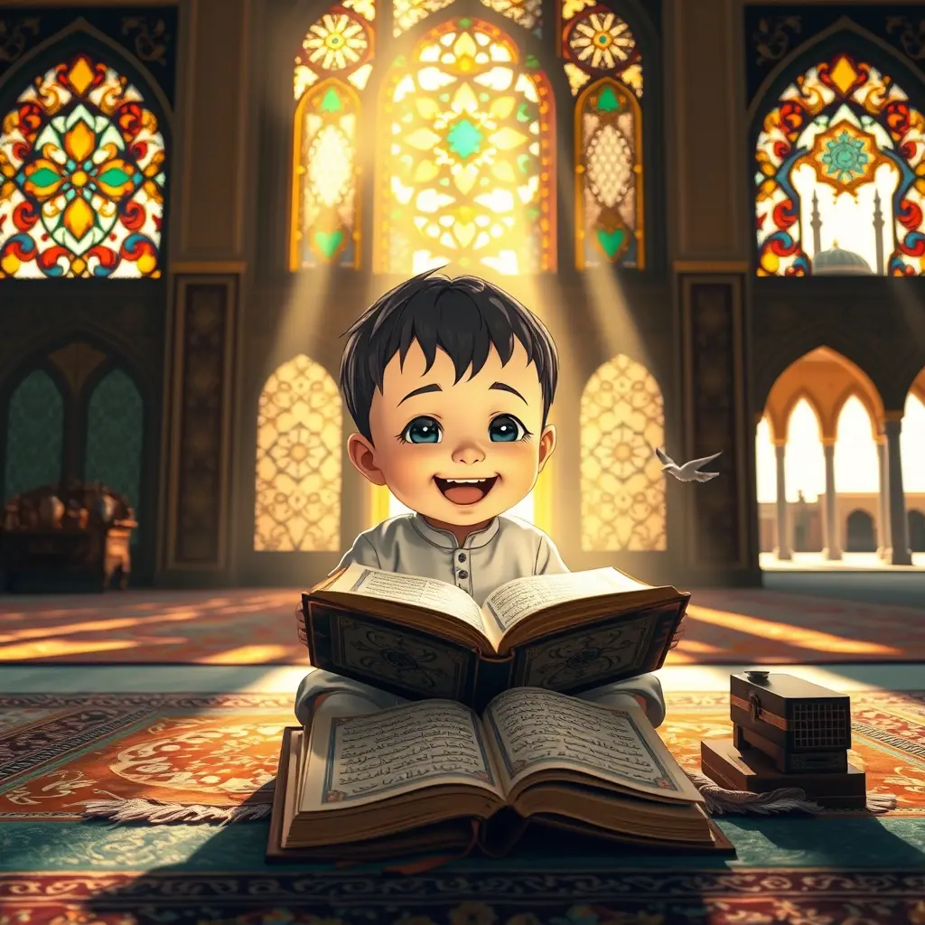 طفل صغير انمي بعينين مشرقتين وابتسامة فرحة، يجلس متربعًا على سجادة تقليدية أمام طاولة قراءة خشبية مزخرفة. القرآن الكريم مفتوح أمامهم، صفحاته مقلوبة برفق. تتدفق أشعة الشمس الناعمة والدافئة من خلال نوافذ زجاجية ملونة معقدة، تلقي بأنماط ملونة في جميع أنحاء الغرفة. ينضح المشهد بالهدوء والدفء، ويذكرنا بلوحة رقمية ذات درجات ذهبية دقيقة وملمس مفصل. (فيديو) تركز الكاميرا بحدة على وجه الطفل، ملتقطة ضحكته الصادقة وتفاعله العميق مع النص. يكشف تحريك لطيف ببطء عن طاولة القراءة المصنوعة بشكل جميل والمزينة بالخط والمزهريات الصغيرة. تُظهر الخلفية فناء مسجد تقليدي، مع مآذن تمتد نحو السماء وحمام يرفرف بين القباب. تم تصوير الفيديو بأسلوب تصوير سينمائي، مع التركيز على الإضاءة الطبيعية والألوان الغنية.