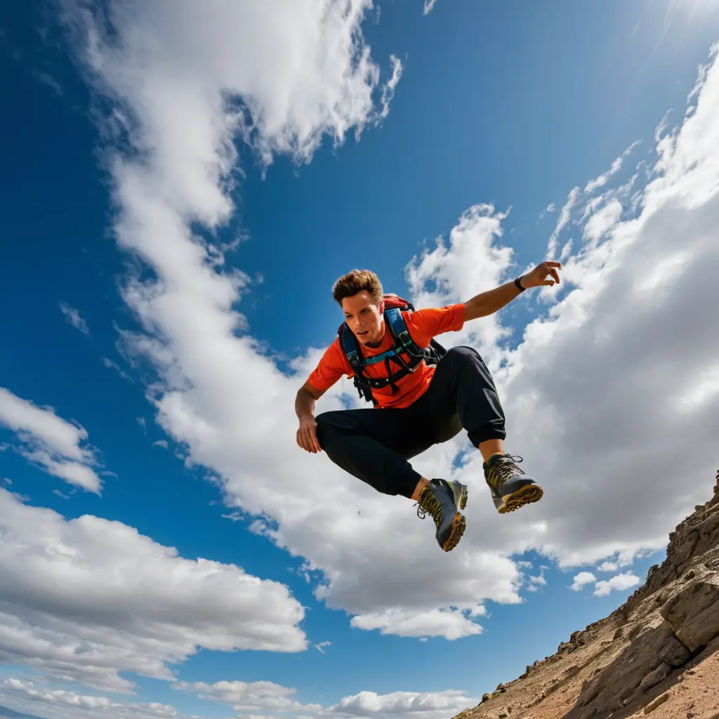 Extreme sports action shot, wide-angle lens, low angle, dynamic sky, athlete in mid-air, vivid colors, rugged landscape
