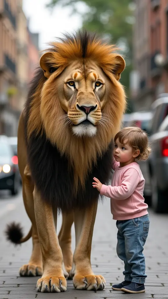 اسد يقف مع إنساناو طفل صغير وطفل يلمس الاسد في مكان شارع