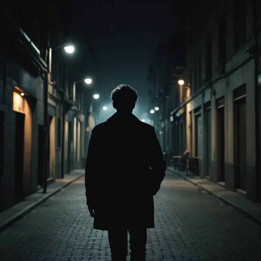 صوره رجل يمشي وحيد في شارع اضلم في الليل ويشرب السكائر