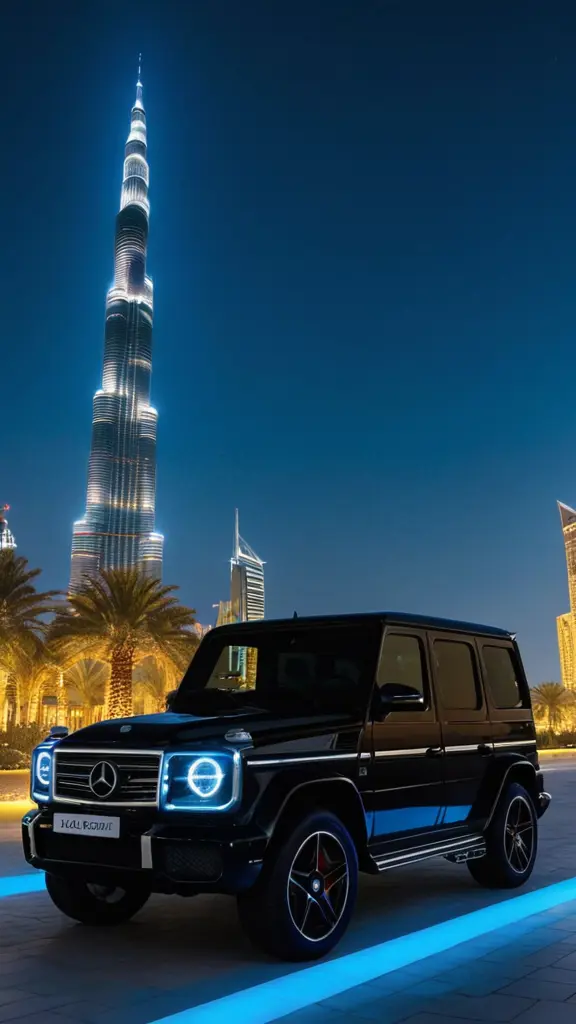 سيارة مرسيدس g class لون اسود عاتم عليها اسم عبدالله أمام برج خليفة في الليل مع إنارة زرقاء