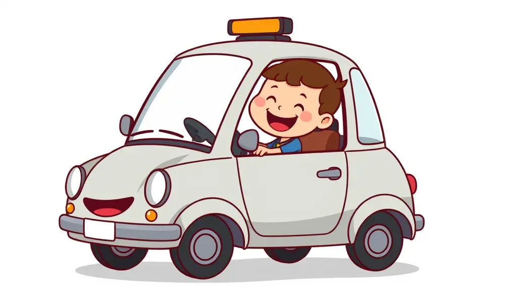 صورة كرتونية لسيارة تضحك ومرحة يركب بها طفل خلفية بيضاء