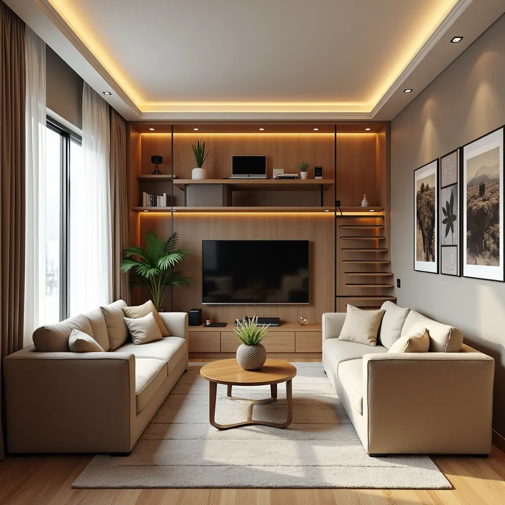 تصميم غرفة معيشة صغيرة بنمط تقليدي، تضم اثنين من الأرائك باللون البني الفاتح وأريكتين باللون البيج الفاتح، مع طاولة تلفزيون بنية وشاشة عرض. يتميز التصميم بوجود مكتب صغير في الزاوية العلوية للغرفة، داخل مساحة زجاجية مغلقة، تحتوي على كمبيوتر وطاولة كمبيوتر. يتم الوصول إلى المكتب عبر درج دائري. الغرفة مدمجة الحجم وتستفيد من الإضاءة الطبيعية، مع ديكور عصري أنيق يعكس الراحة والوظيفية