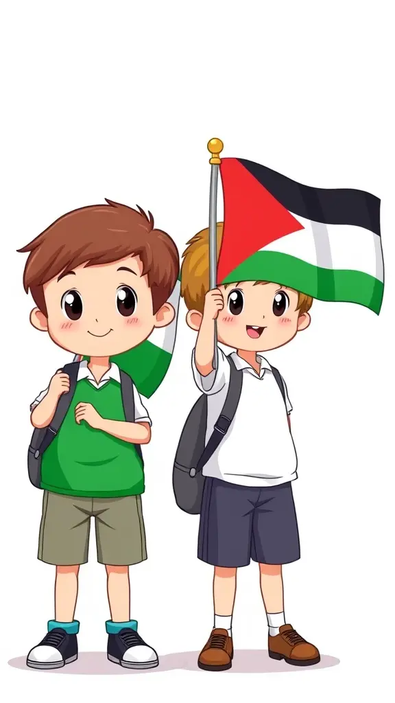 مشهد كرتوني لطفلين جنبًا إلى جنب، يرفع كل منهما علمه عاليًا. الطفل على اليسار يرفع العلم اليمني، بينما يرفع الطفل على اليمين العلم الفلسطيني. يرتدي الطفلان الزي المدرسي،. يقفان على خلفية بيضاء نقية، وشخصياتهما مرسومة بألوان زاهية بأسلوب كرتوني ساحر. ترفرف الأعلام برقة كما لو أنها تداعبها نسمة من الخيال، مما يضفي على المشهد أجواءً احتفالية. صُوّر هذا المشهد بأسلوب الرسم الرقمي، بخطوط ناعمة ومميزة وتفاصيل غنية ومعبرة تُضفي على وجوه الأطفال وملابسهم حيوية.