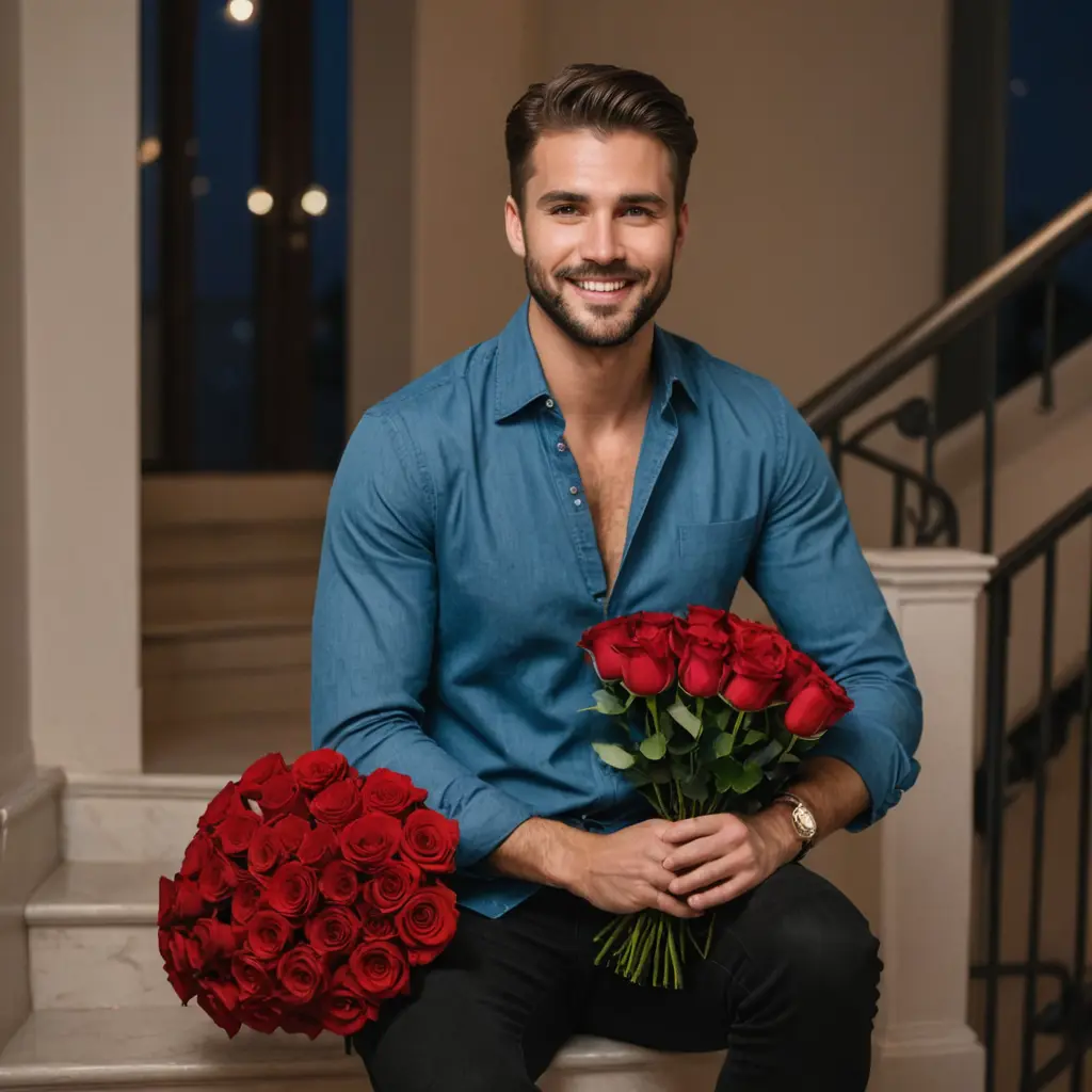 رجل وسيم يرتدي قميص ازرق مفتوح و بنطلون جينز اسود و هو جالس على الدرج في منظر ليلي في الغرفه وهو بيده باقة ورد حمراء كبيرة و يبتسم للكاميرا