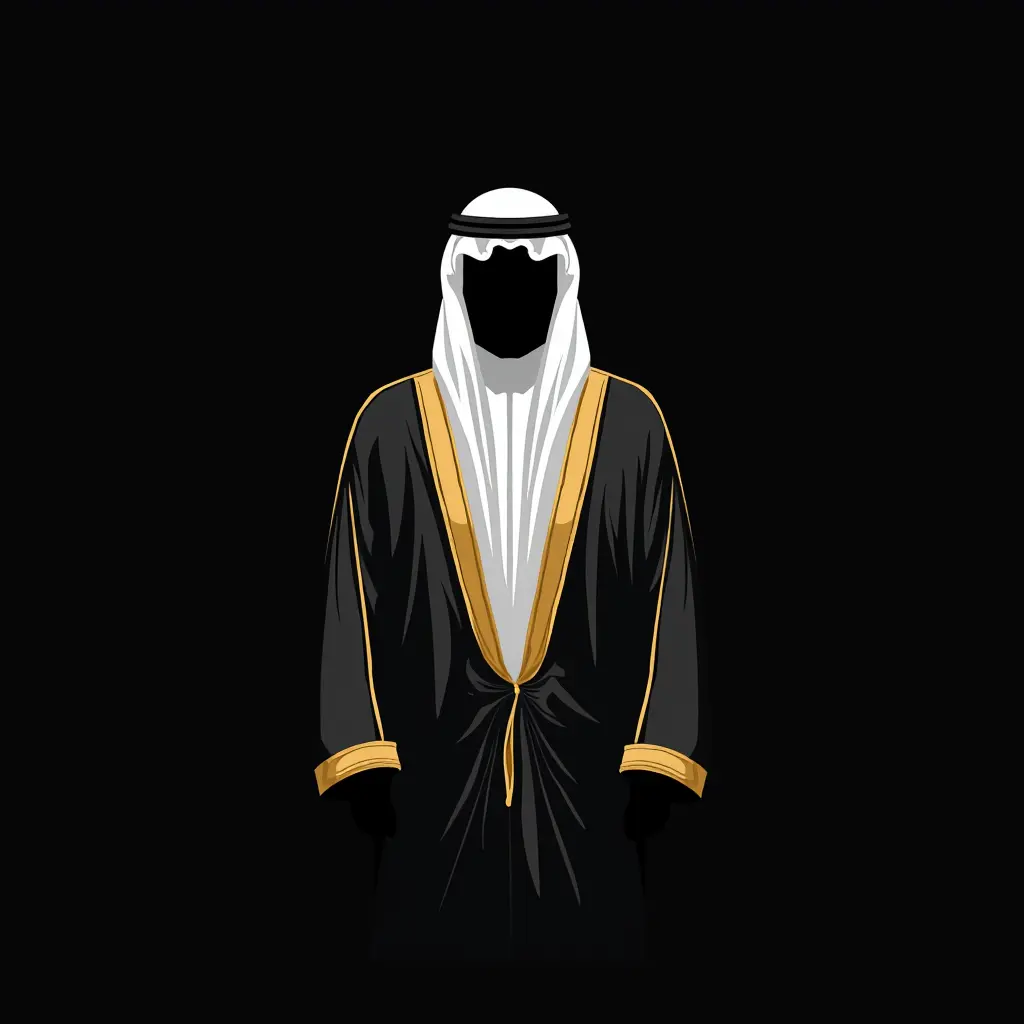هذه الصورة عبارة عن تصميم بسيط يظهر ملامح شخص يرتدي الزي الخليجي التقليدي، مثل الغترة والعقال، ولكن بدون وجه واضح. الخلفية سوداء، مما يعطي شعورًا بالغموض والتركيز على التفاصيل البيضاء والرمادية في الغترة والعقال.