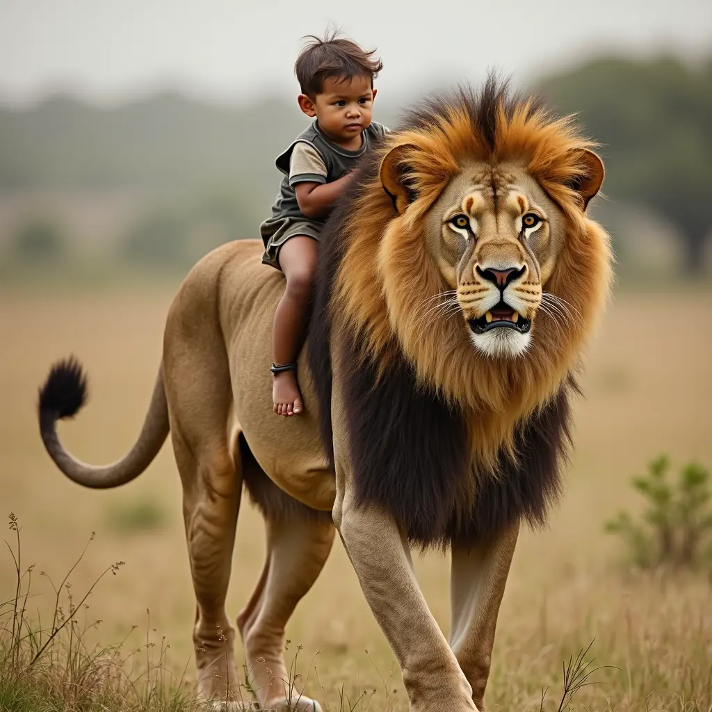 صورة أسد يحمل طفل صغير على ظهره
