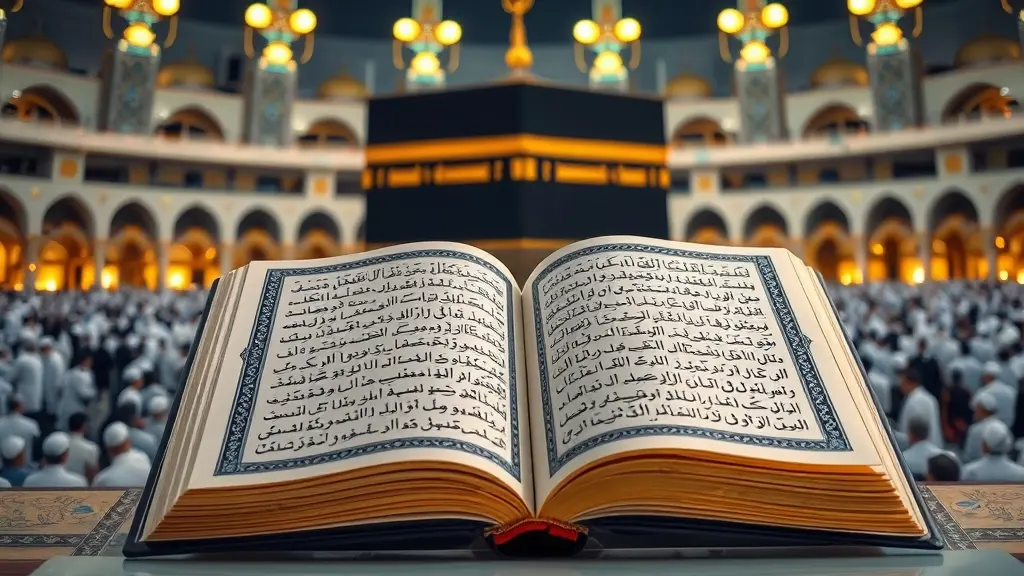 صورة مصحف مفتوح امام الكعبه فى وجود مصلين