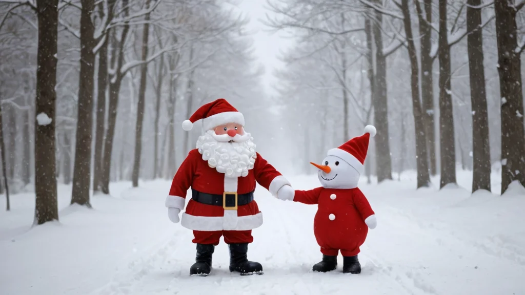 Weihnachtsmann und Schneemann geben sich die Hände auf einer Schneelandschaft, mit fallenden Schnee.