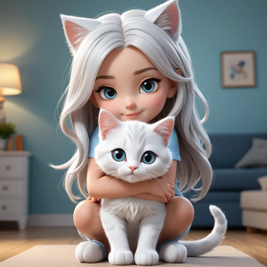 شخصية كرتون 3d . تجلس على ظهر قطة صغيرة . بيضاء اللون . شعرها كثيف . عيونها جميلة جدا . الخلفية مبهرة .