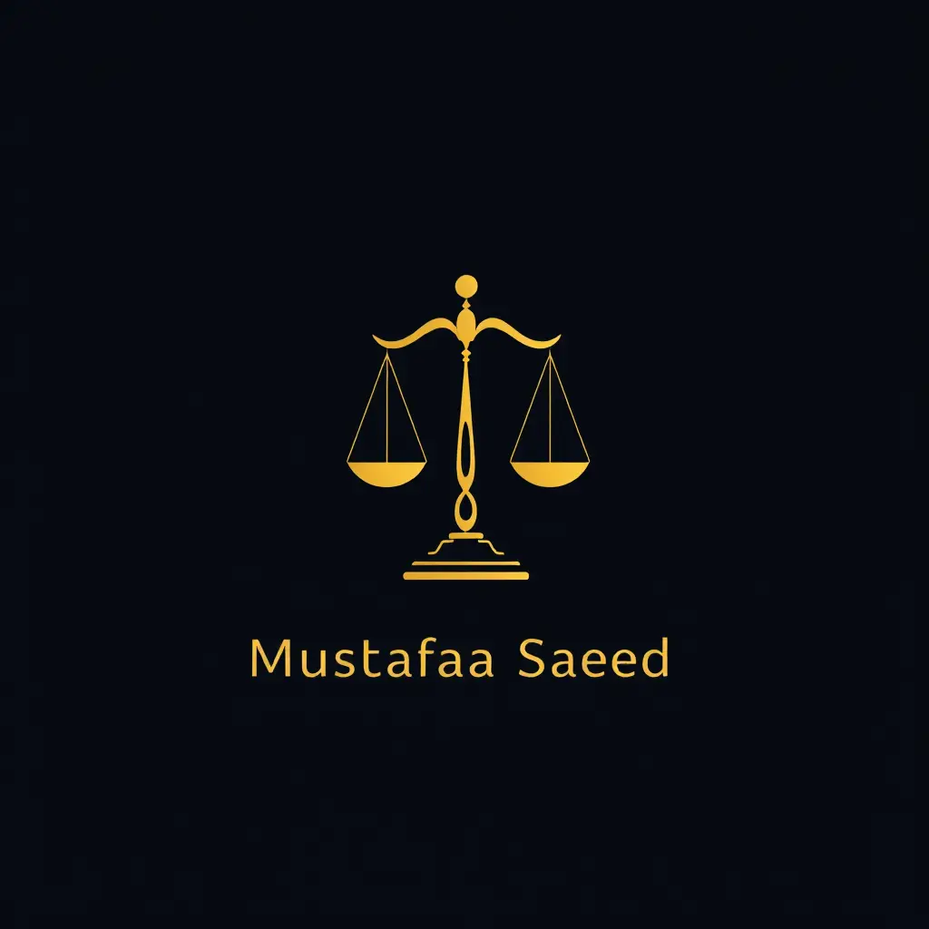 Generate a minimalistic logo in 2d for a company named 'mustafa saeed' in the legal field. The logo should prominently feature Scales of justice .