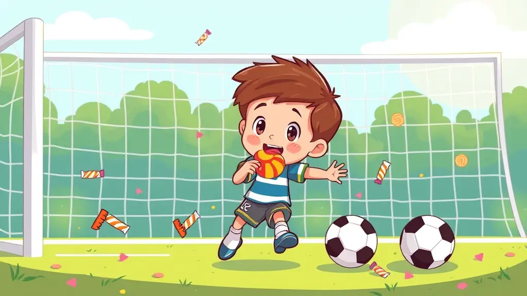 طفل صغير يلعب كرة القدم ادخل هدف في المرمى...اكل الحلوى احتفالا بالهدف...صور كرتونية ملونة للاطفال
