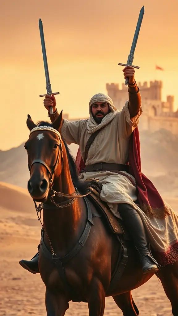 فارس عربي يلبس لباس عربية فروسية قديمة بالية قليلا تراثية وعلىحصان عربي غاضب وذو هيبة في الصحراء و ورائه على الجبل البعيد يوجد قلعة كبيرة ذات هيبة وتراث عربي، الفارس يرفع سيفه و هو يصرخ، الإضائة سينمائية تاريخية و شجاعة فخمة تعكس ان الصورة ذات اهمية . في وقت المغيب الشمس