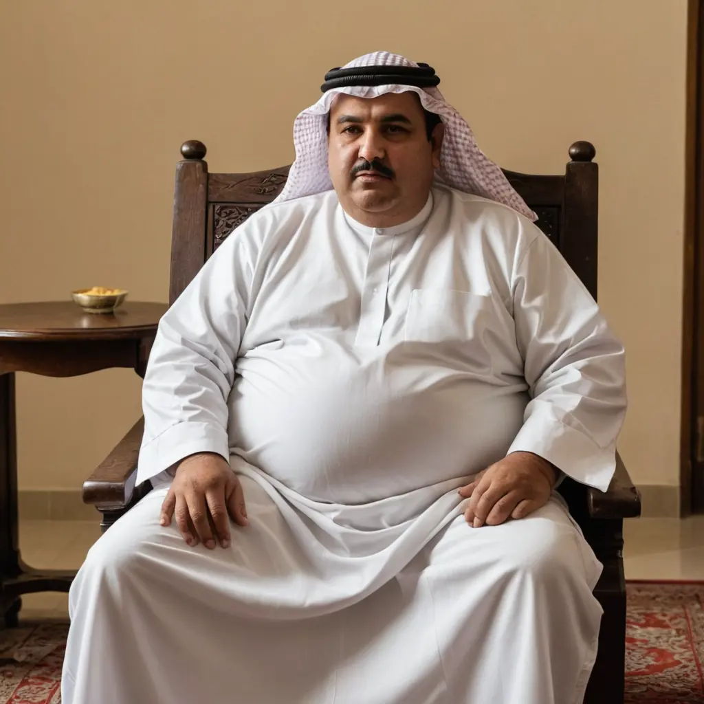 رجل سمين خمسيني سعودي لوقاعد على كرسي خشبي