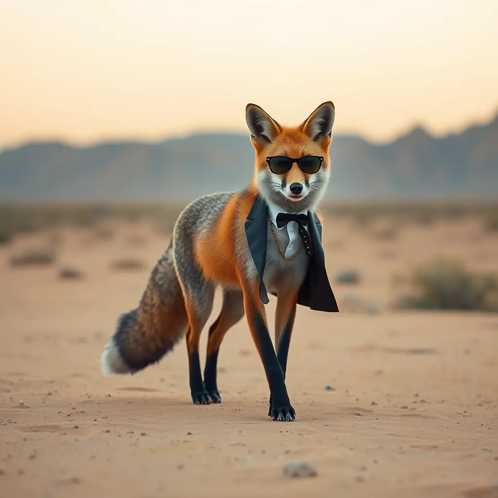 صورة ثعلب يمشي في الصحراء ويرتدي نظارة وثياب راقية ويمشي على هيئت انسان