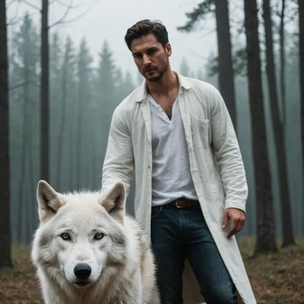 رجل وذئب ابيض