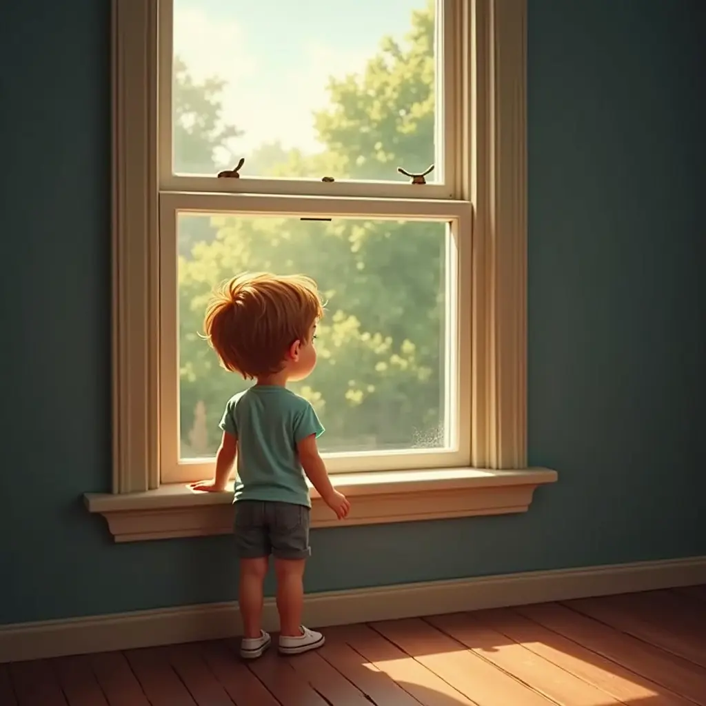 طفل ينظر من الشباك