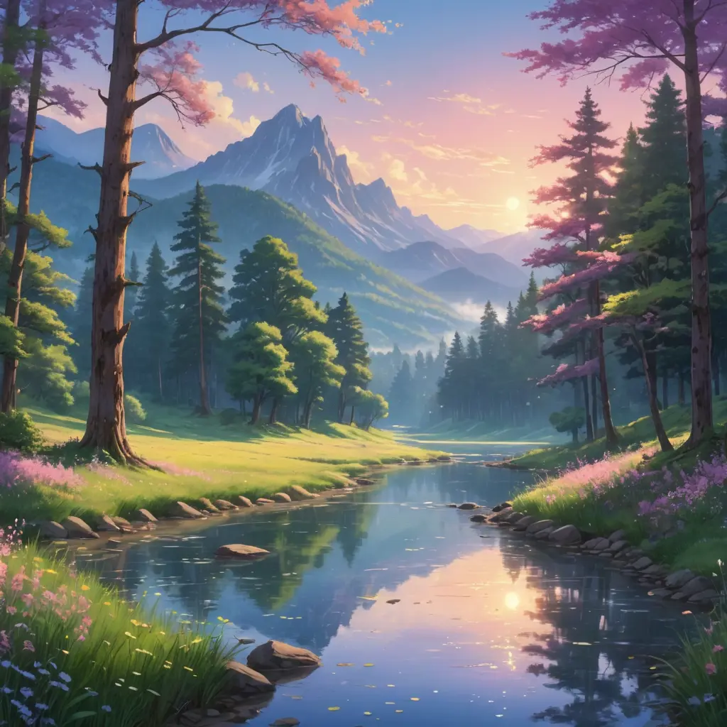 Anime style:A peaceful forest clearing bathed in soft, golden sunlight, surrounded by towering, ancient trees with lush green canopies. In the distance, a sparkling, crystal-clear river gently flows, reflecting the pastel-colored sky during a serene sunset. Wildflowers of vibrant hues—pink, purple, and blue—dot the meadow, while delicate fireflies float around, illuminating the scene with a soft, magical glow. Mountains with misty peaks can be seen far in the background, adding to the sense of tranquility and natural beauty, all in a classic hand-drawn anime style.