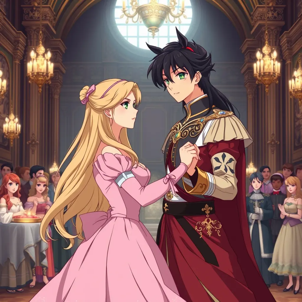 اريد صور انمي الشاب وسيم لكن يملك ندوب في جسمه وهو يملك شعر اسود طويل ويربط شعره كالحصان وعيونه خضراء وهو يلبس لبس الامير فرنسا ويوقف في قصره الكبير وتقف بجانبه اميره جميله شعرها اشقر طويل وتلبس فستان اميره وردي والان هما يرقصان في صاله القصر مع حضور كثير