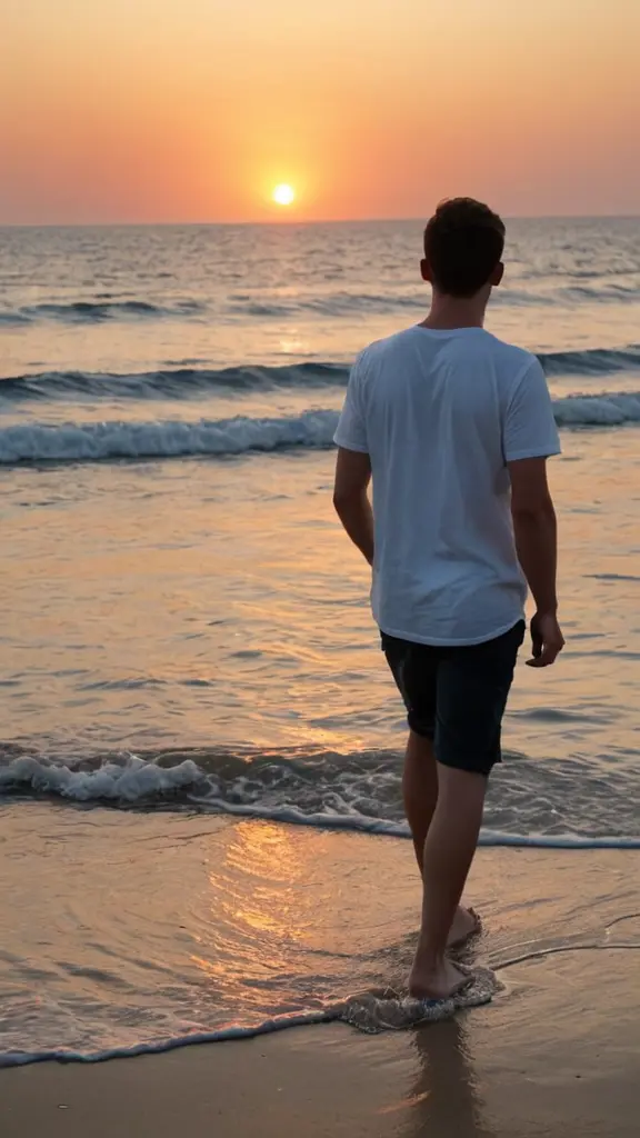 صورة شاب يمشي علي البحر عند غروب الشمس