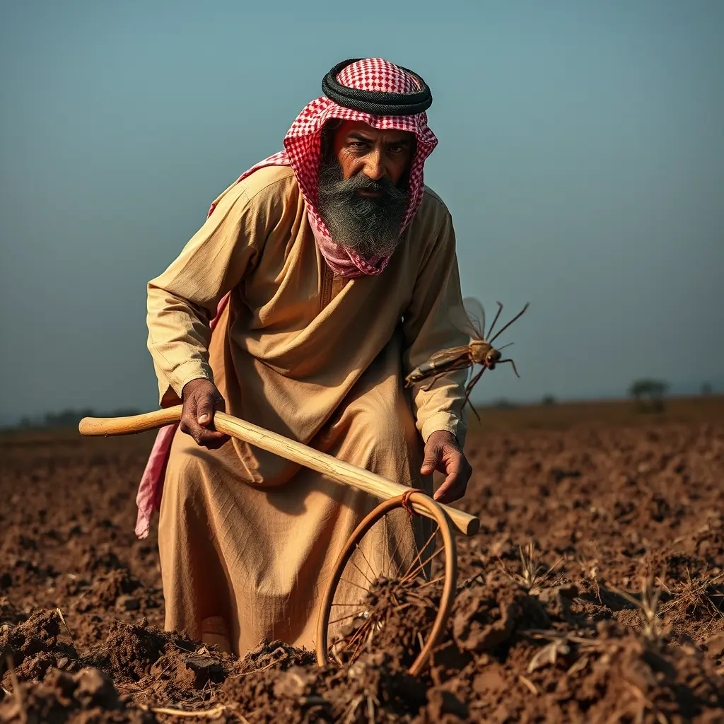 رجل بالزي العربي يحرث الأرض ببعوضه كبيرة الحجم