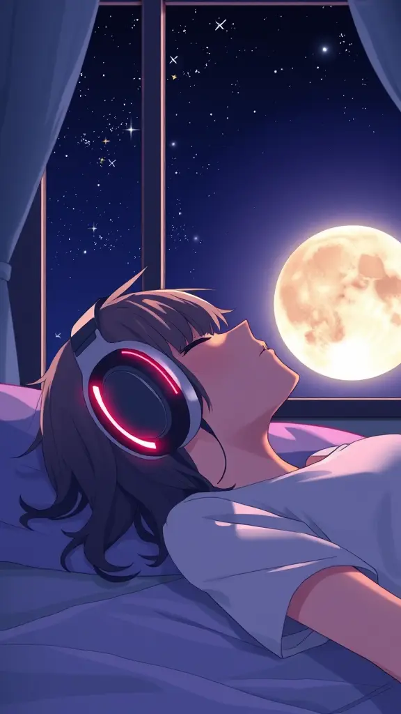 "An anime-style illustration of a person lying on a bed with their head tilted upward, wearing oversized, clearly visible headphones with a modern and stylish design. The headphones are large and detailed, with glowing accents that draw attention to them. Behind the person, a large glowing moon is visible through the window, casting soft light into the room. The room is dimly lit, and the night sky is filled with sparkling stars. The overall atmosphere is peaceful and dreamy, with soft anime lighting and intricate textures."