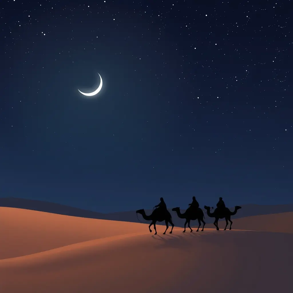 "مشهد ليلي واقعي في الصحراء، الخلفية تُظهر سماء عميقة بلون أزرق داكن مزينة بنجوم صغيرة متلألئة، وفي وسط السماء يلمع هلال رفيع يمثل بداية شهر جديد، يتوهج بلون فضي ناعم. في المقدمة، تظهر كثبان رملية وأشخاص يركبون الجمال — جميعهم مرسومون على شكل ظلال سوداء بالكامل (silhouettes) دون أي تفاصيل داخلية، فقط ملامحهم الخارجية واضحة. القافلة تتحرك بهدوء عبر الكثبان المظللة، مما يضفي على المشهد طابعًا شاعريًا وساحرًا. الأسلوب كرتوني بألوان ناعمة وإضاءة هادئة في السماء، مع تباين جميل بين الخلفية المضاءة والمقدمة المظلمة."