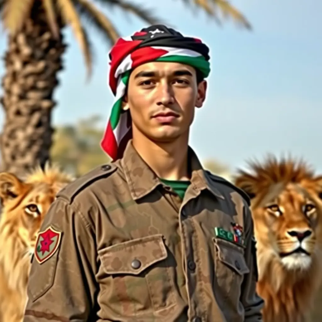 صورة شاب معضل يلبس لبس عسكري وشماغ اردني ويقف بشموخ بجانب مجموعة اسود