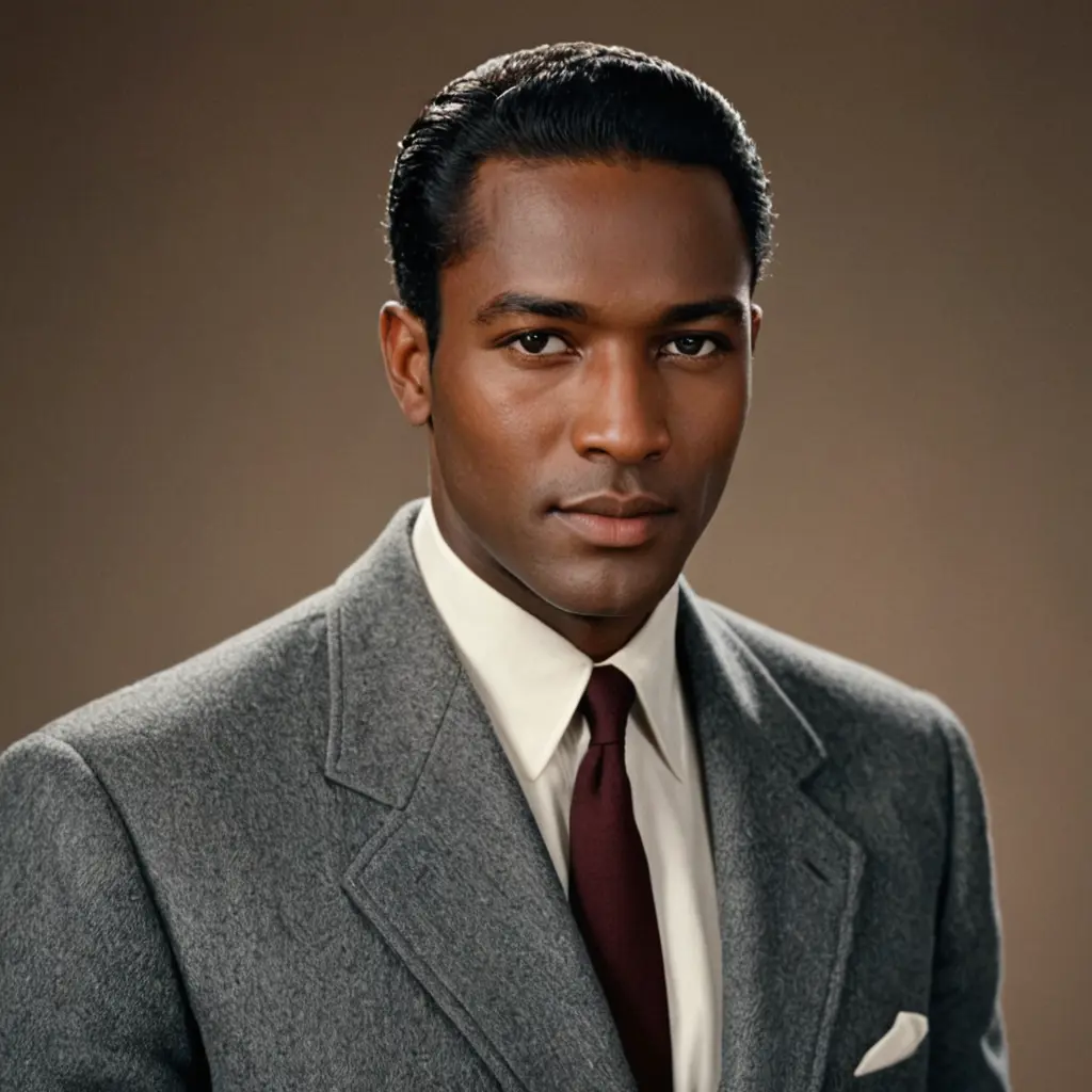 صورة رجل اسمر البشرة عريض الوجه وشعره قصير خشن وتريحة للخلف يرتدي معطف شتوي وبدلة بدون ربطة عنق موديل 1950 والخلفية بني رمادي