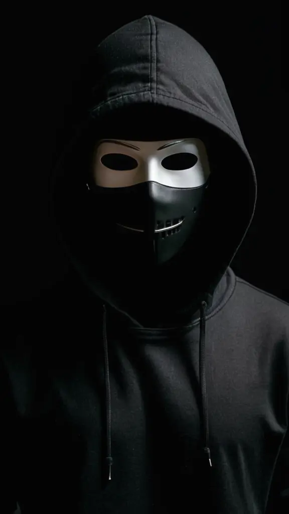 صوره شخص يرتدي ملابس سوداء وقناع الهكر فى خلفية سوداء
