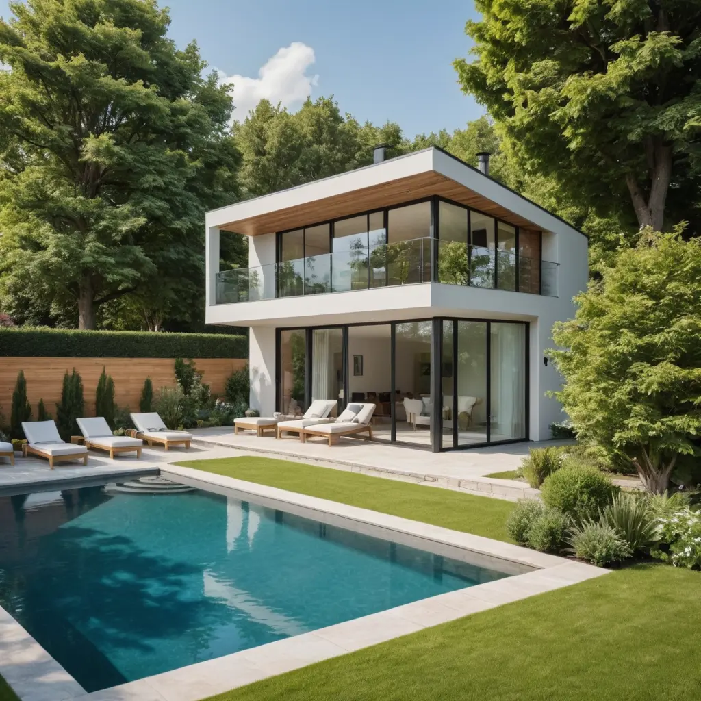 صمملي صورة لمنزل صغيرة مع حديقة فيها اشجار و مسبح