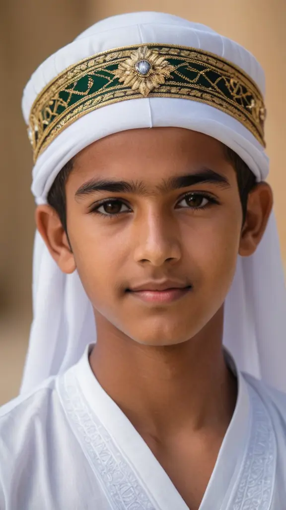 طالب عماني شاب يرتدي الزي العماني التقليدي الأبيض مع قبعة "الكمة"، وينظر مباشرة إلى الكاميرا. أخبرني إذا كنت ترغب في إجراء أي تعديلات!