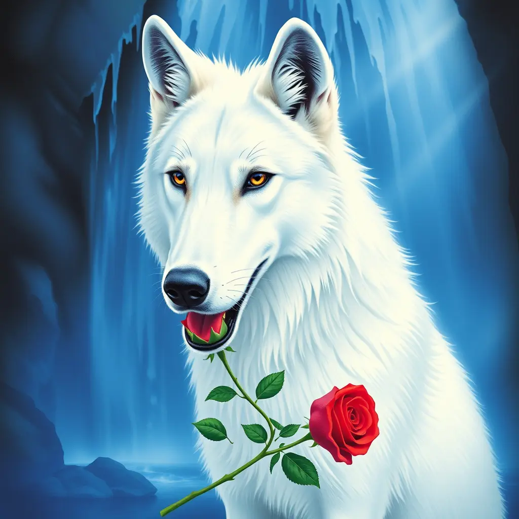 ذئب أبيض يحمل وردة في فمه والخلفية شلال أزرق