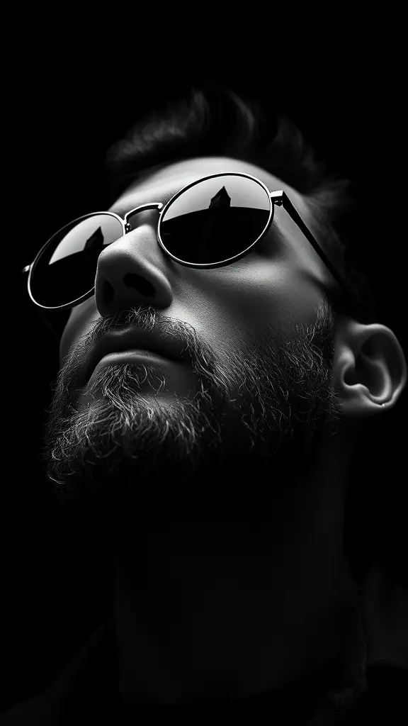 Dramatic, ultra-realistic close-up
in black and white with high-contrast cinematic lighting from the side, highlighting the contours of his face and beard, casting deep shadows. He wears round, reflective sunglasses. He gazes confidently upward into a dark void. The sunglasses reflect a city's towering skyline. The atmosphere is mysterious with a minimalist black background. Details in 4K. Keep the subject's exact facial structure, hair texture, the original photo.
