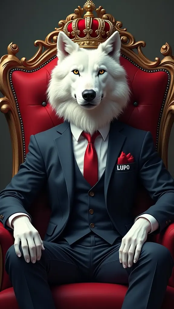 تصميم ذئب أبيض قوي يجلس علي عرش الملك ويضع علي رأسه تاج الملك ويرتدي بدله مكتوب علي جيبها كلمه Lupo