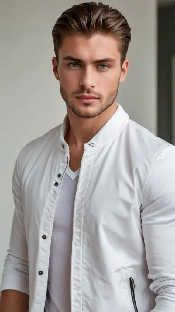 شاب وسيم ذو ملامح جميلة و عيون خضراء و رموش طويلة فكه حاد و عريض عضلات جسده كبيرة و بارزة يرتدي قميص ابيض اللون و فوقها سترة قطن سوداء المكان في المنزل