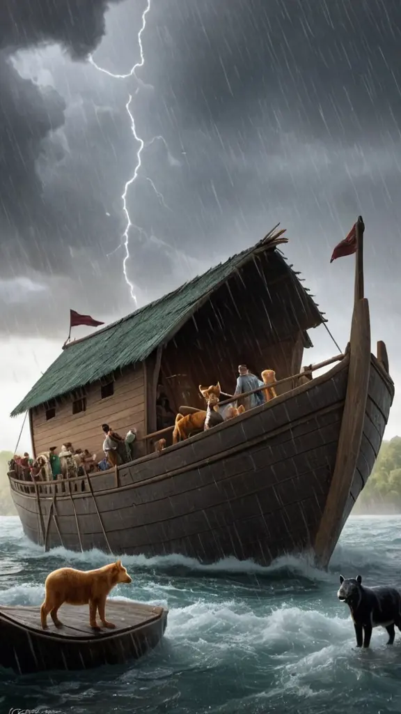 Noé construindo a arca, com animais de dois em dois entrando na arca, enquanto a chuva começa a cair. Estilo dísney, infantil, sem cor, sem sombra, somente o contorno.