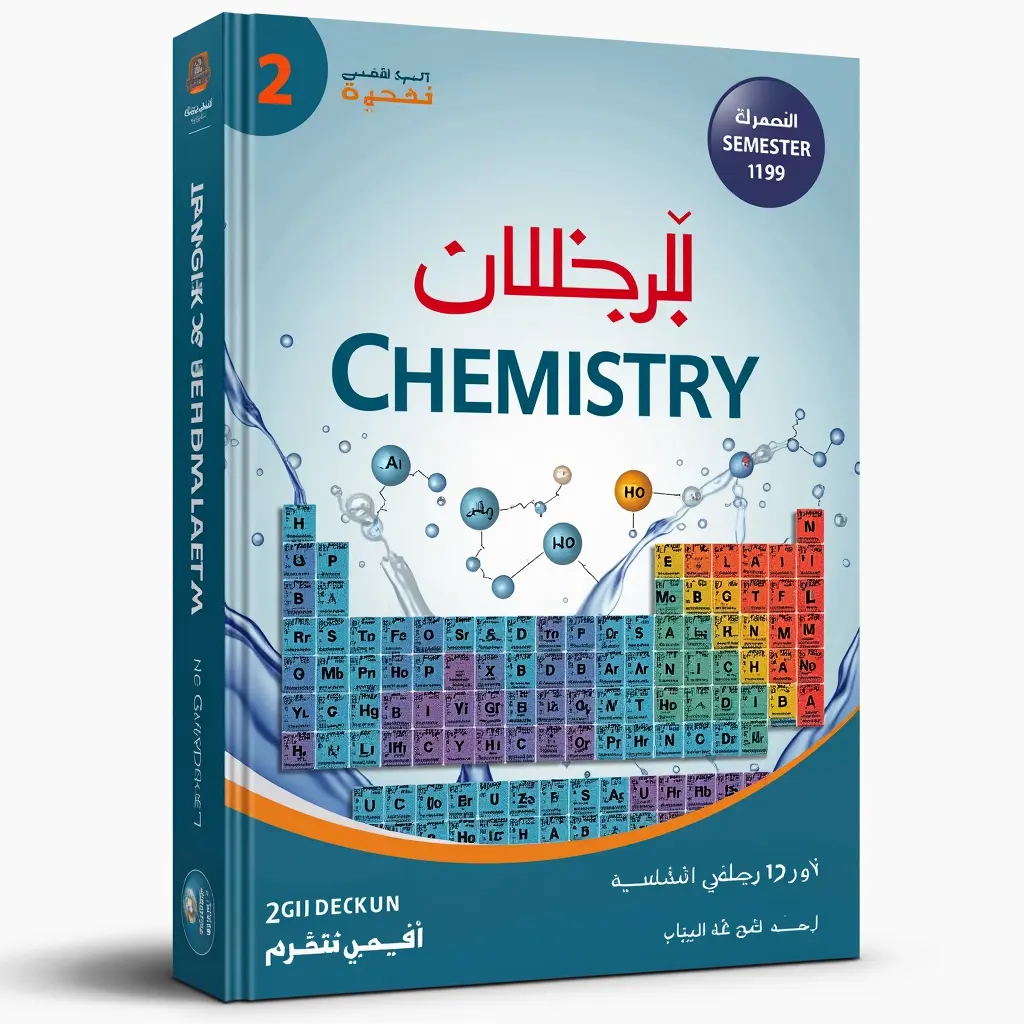 Chemistry book cover design for the second secondary grade, first semester. The cover design includes the periodic table with a creative design in the background with some elements such as hydrogen and oxygen drawn in three dimensions, with touches of chemical reactions such as water molecules or any other transparent compound. The words are in Arabic and its price is 199 pounds and it is written in Arabic