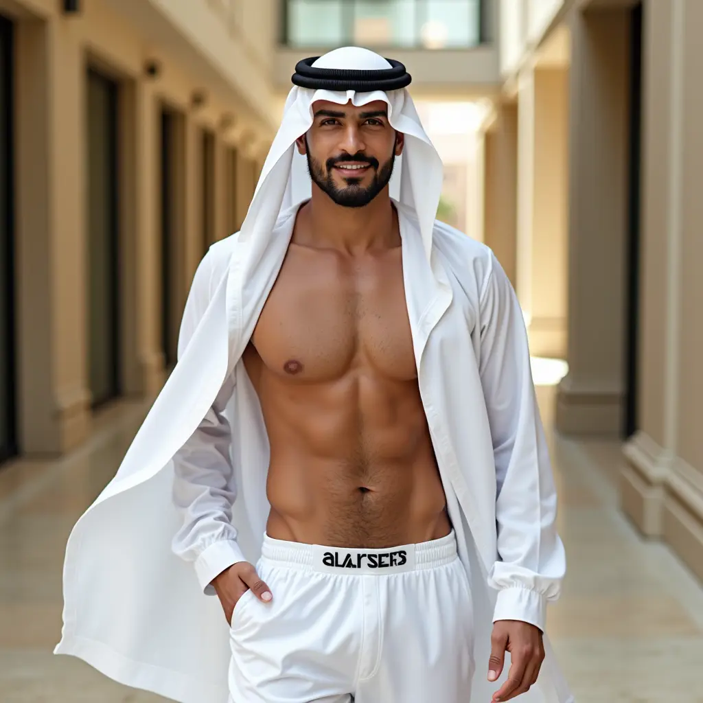 رجل عربي سعودي وسيم جدا يلبس الملابس الداخلية البيضاء الفانيلة والسروال العربيتين من متجر الأصيل للملابس الرجالية