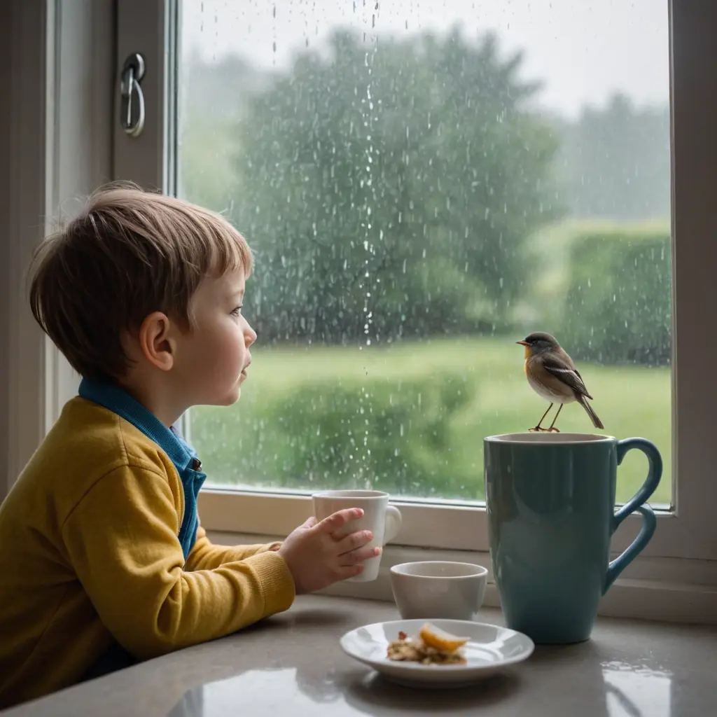 طفل صغير يجلس ينظر من الشباك وامامه عصفور صغير والجو ممطر وبجواره كوب من الشاي