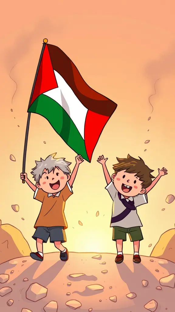 اطفال كرتون يحملون علم فلسطين فارحين يحتفلون بالنصر