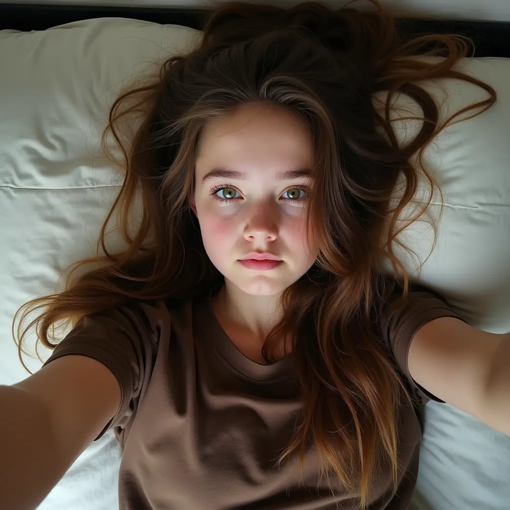 صورة سيلفي لشابة بيضاء البشرة بشعر طويل جدا منكوش ، بعيون خضراء و وجه حزين ، ترتدي تيشورت بني بأكمام و مستلقية على جانها الايسر في سرير
