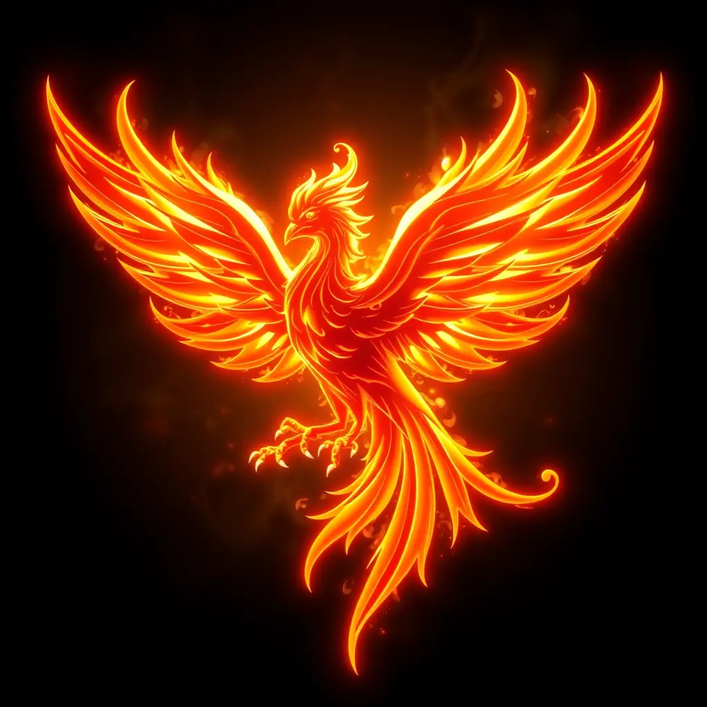 شعار طائر العنقاء يخرج من نيران رقمية، بمظهر مستقبلي وألوان نيون مضيئة، ثلاثي الأبعاد
