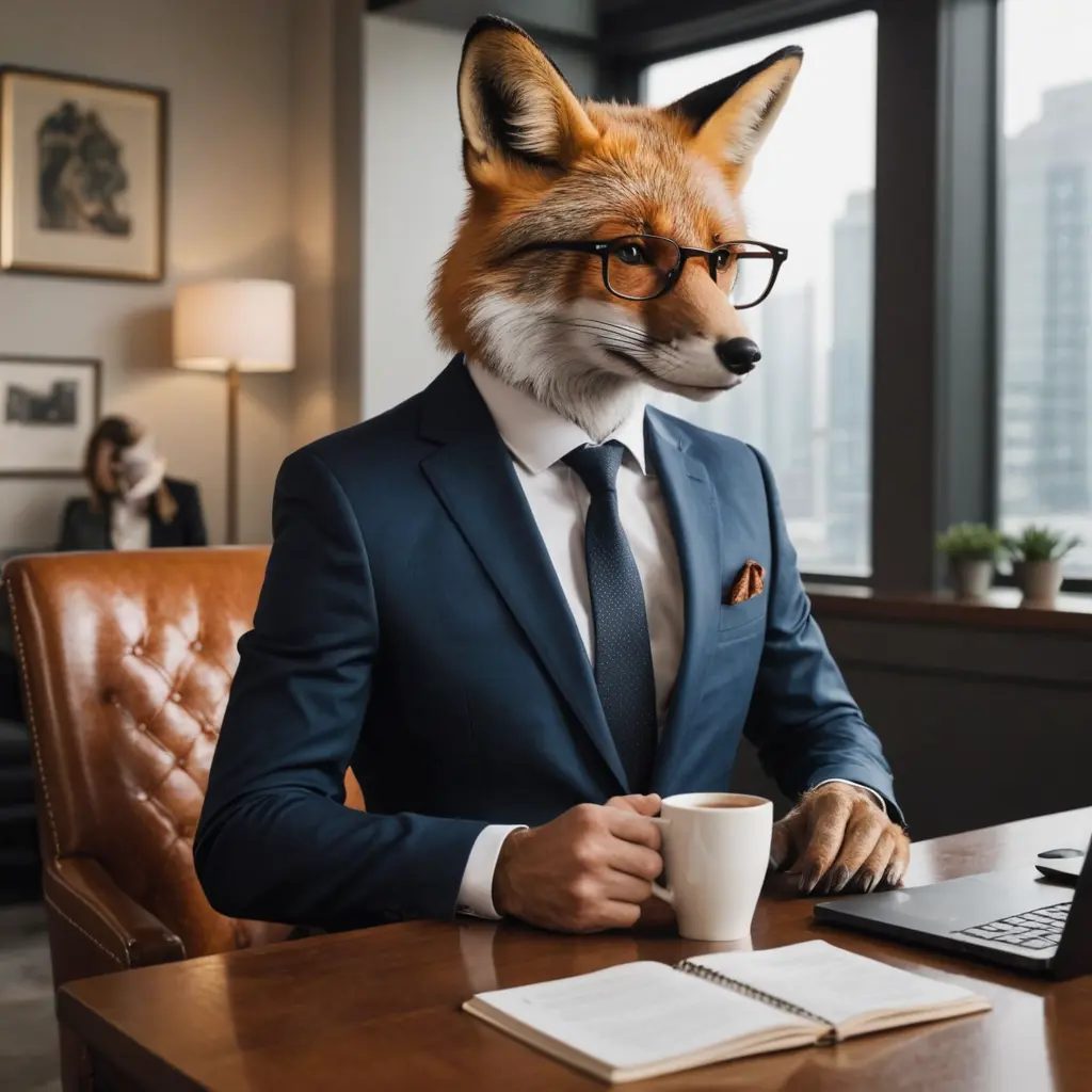 ثعلب في مكتب فخم تشرب فنجان قهوة
وصديق ديك يرتدى نظارة وبدله