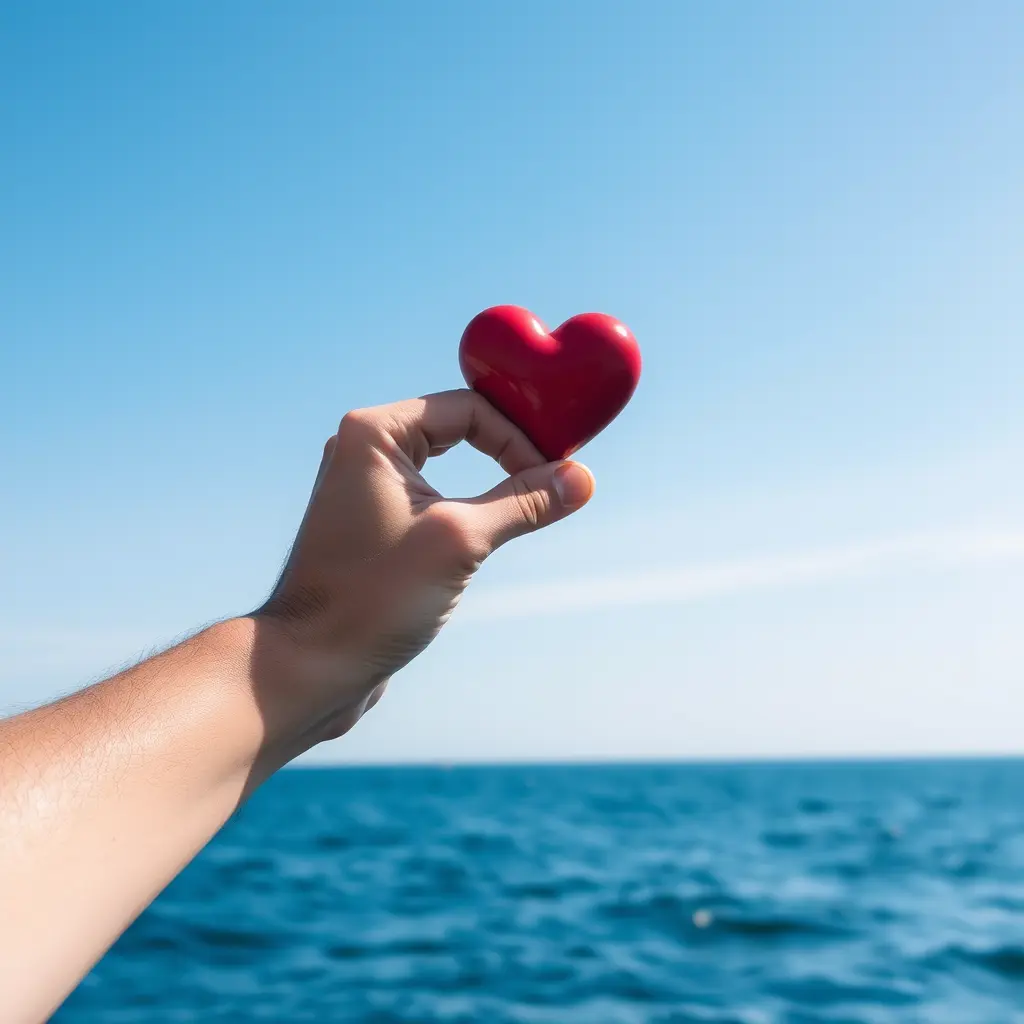صورة رجل شايل قلبه في يده على البحر