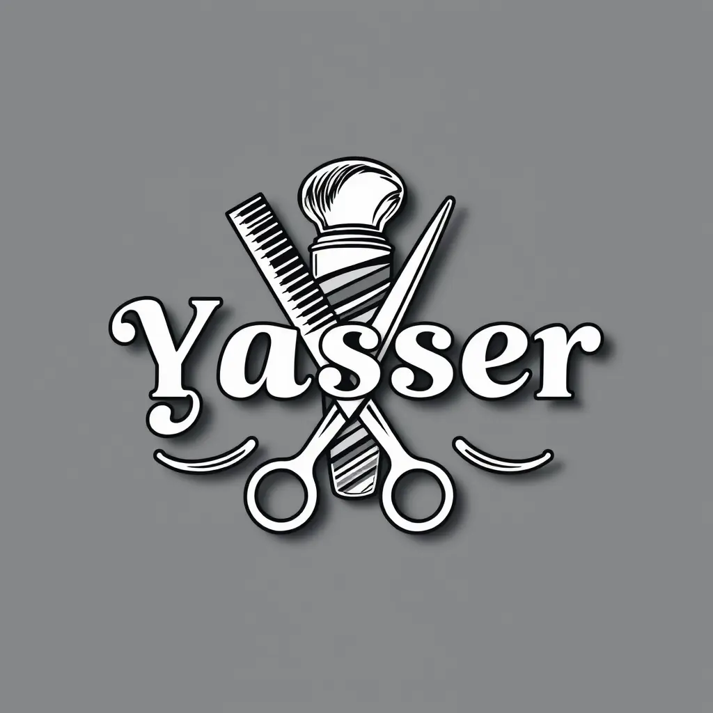 Generate a detailed line art style logo in 3d for a company named 'Yasser' in the beauty field. The logo should prominently feature Barber shop and comb and scissors which uses gray colors palette.